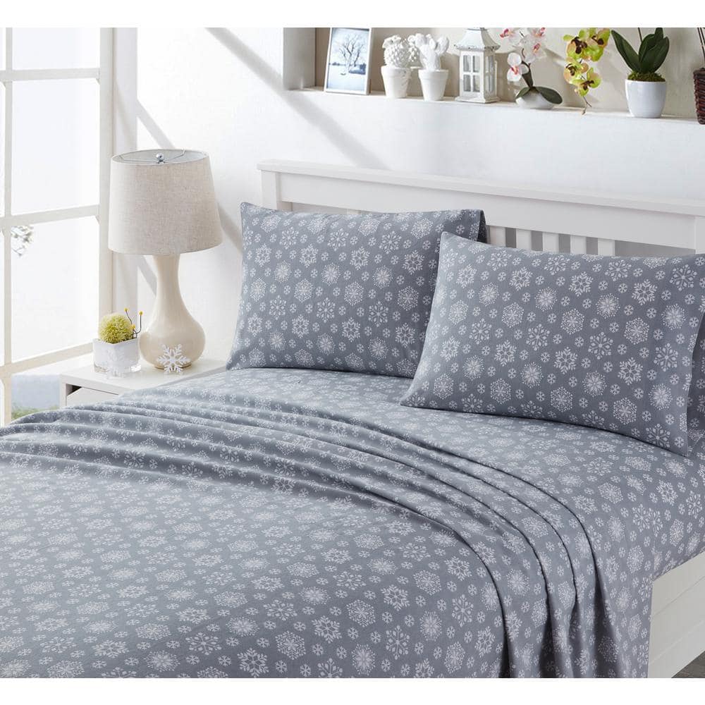 Morgan Home Snowflake Haze 4-Piece Gray Turkish Cotton Queen Flannel ...