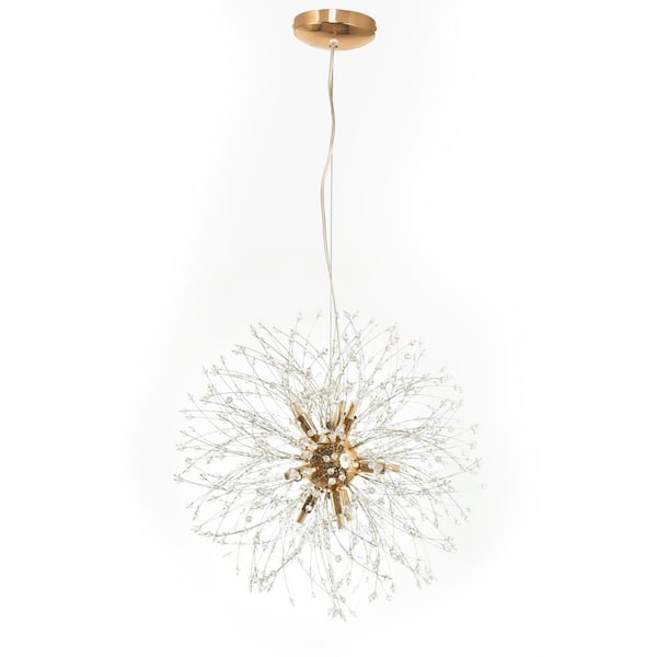 9-Light Integrated LED Gold Dandelion Firework Chandelier Crystal Starburst Pendant Light for Dining Room