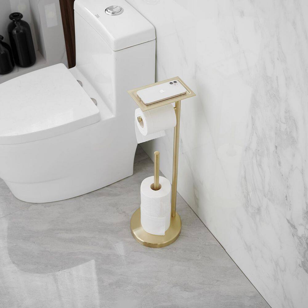 Brushed Gold Freestanding Toilet Paper Holder with Storage Shelf