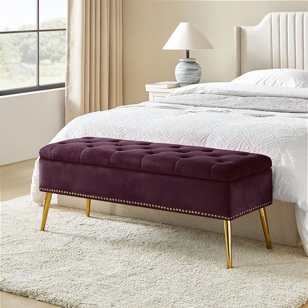 JAYDEN CREATION Hippolytus Classic Purple 45.5 in. Polyester Button-Tufted Storage Bedroom Bench with Nailhead Trim