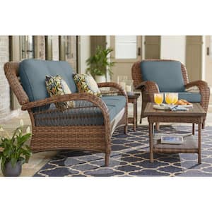 Beacon Park Brown Wicker Outdoor Patio Sofa with Sunbrella Denim Blue Cushions