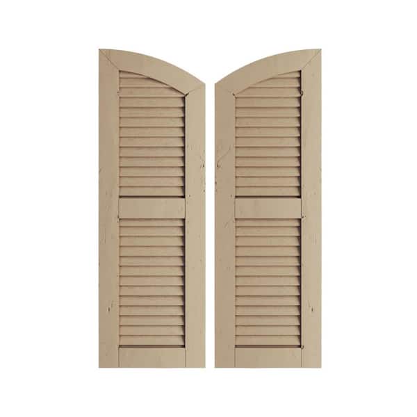 Ekena Millwork 18 x 26 in. Timberthane Polyurethane Knotty Pine 2-Equal Louvered with Elliptical Top Faux Wood Shutters Pair in Primed