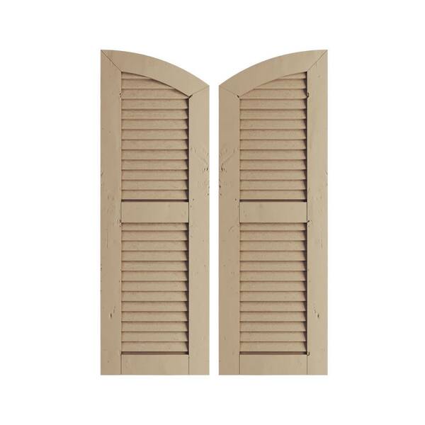 Ekena Millwork 18 x 34 in. Timberthane Polyurethane Knotty Pine 2-Equal Louvered with Elliptical Top Faux Wood Shutters Pair in Primed