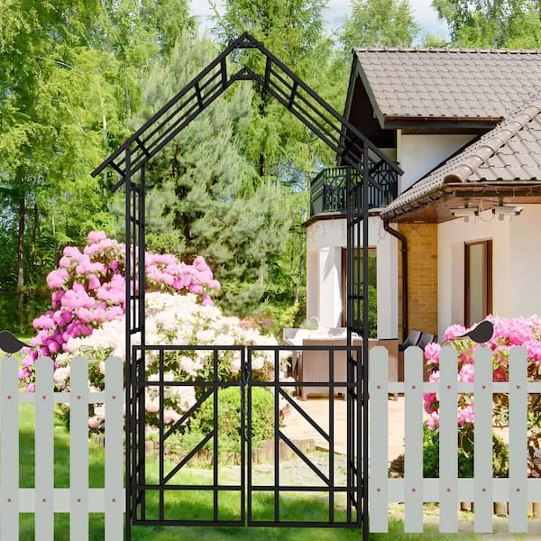 Unbranded 97.24 in. x 58.07 in. Metal Garden Arch Arbor with Gate Outdoor Arch Trellis for Climbing Plants Outdoor Patio Decor