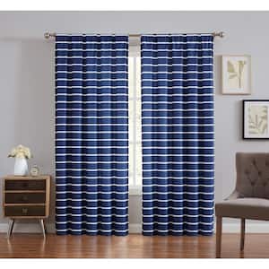 Navy Striped Rod Pocket Room Darkening Curtain - 50 in. W x 84 in. L (Set of 2)