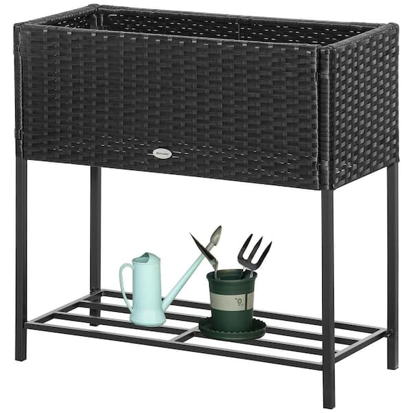 Unbranded Elevated Rattan Wicker Raised Garden Bed with Tool Shelf, Portable Planter Box for Herbs, Vegetables and Flowers