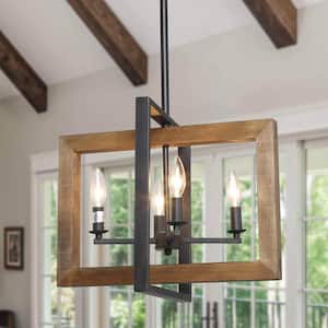 4-Light Pine Wood Candlestick Chandelier with Black Steel Frame