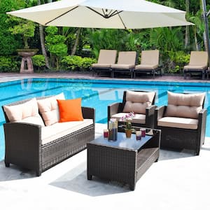 4-Piece Wicker Outdoor Rattan Furniture Sectional Set Sofa w/Armrest Home with Creamy White Cushions