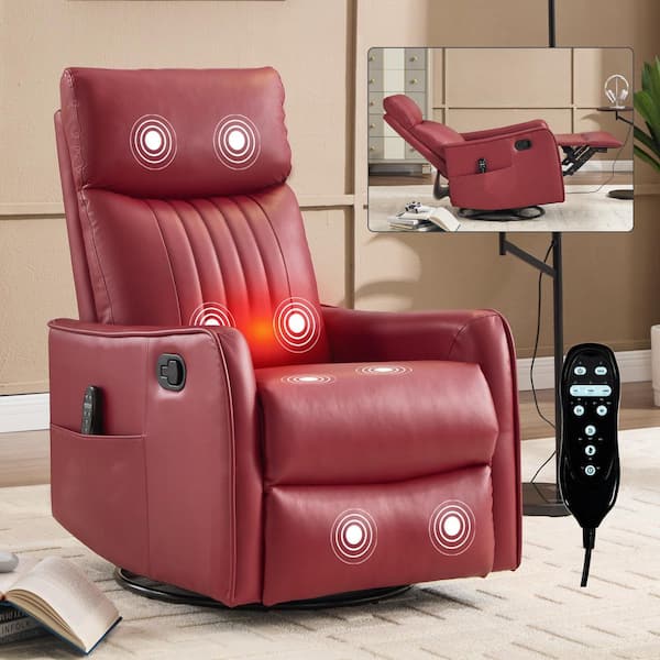 Red 360° Swivel Manual Faux Leather Recliner Rocker Chair with Massage and Heat