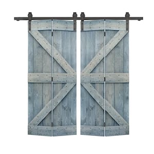 48 in. x 84 in. K Series Solid Core Denim Blue Stained DIY Wood Double Bi-Fold Barn Doors with Sliding Hardware Kit