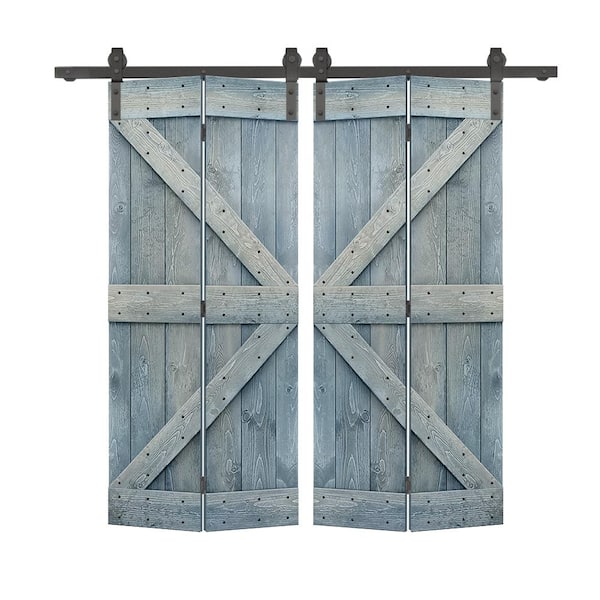 CALHOME 48 in. x 84 in. K Series Solid Core Denim Blue Stained DIY Wood Double Bi-Fold Barn Doors with Sliding Hardware Kit