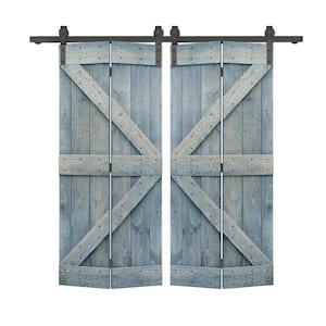 52 in. x 84 in. K Series Solid Core Denim Blue Stained DIY Wood Double Bi-Fold Barn Doors with Sliding Hardware Kit