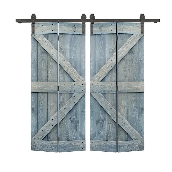 CALHOME 52 in. x 84 in. K Series Solid Core Denim Blue Stained DIY Wood Double Bi-Fold Barn Doors with Sliding Hardware Kit