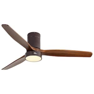 52 in. LED Indoor/Outdoor Flush Mount Smart Coffee Ceiling Fan with 3 Reversible Wood Blades, 6-Speed DC Remote Control