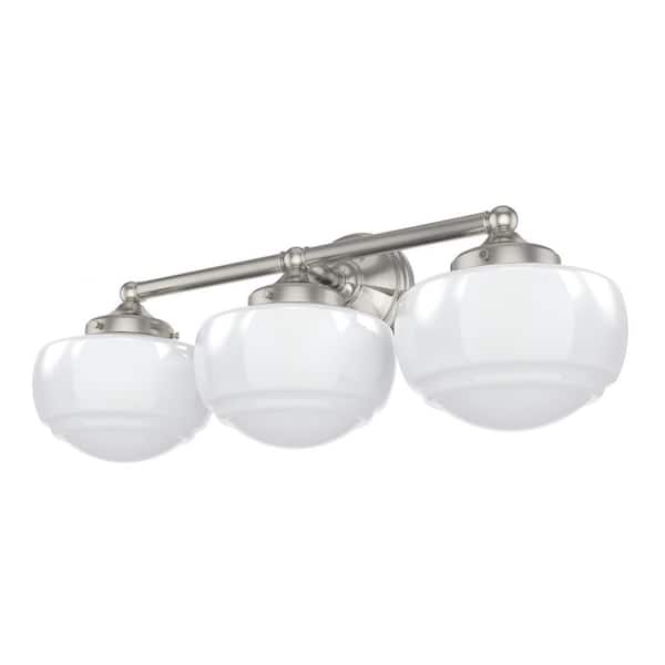 Saddle Creek 23.5 in. 3-Light Brushed Nickel Vanity Light with Cased White Glass Shades