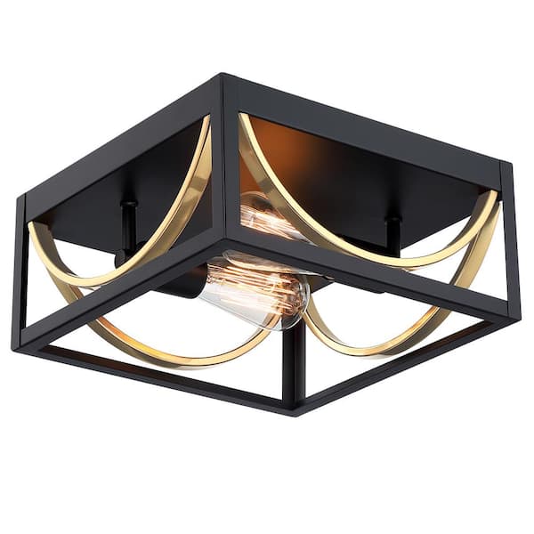 11.8 in. 2-Light Matte Black and Brass Square Flush Mount Ceiling Light