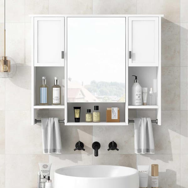 35 in. W x 28.7 in. H Rectangular MDF Medicine Cabinet in White with Mirror and Towels Bar