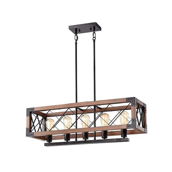 Jojospring Patricia 5Light Antique Black Rectangular Metal and Natural Wood Chandelier