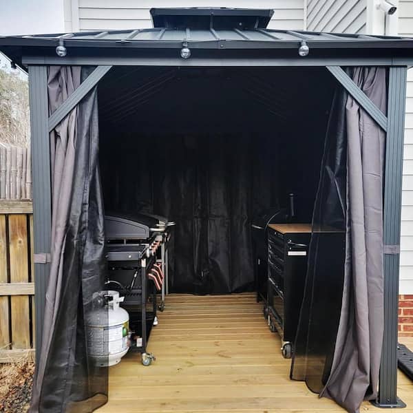 8 ft. x 8 ft. Gray Aluminum Hardtop Gazebo Canopy with Netting and Curtains