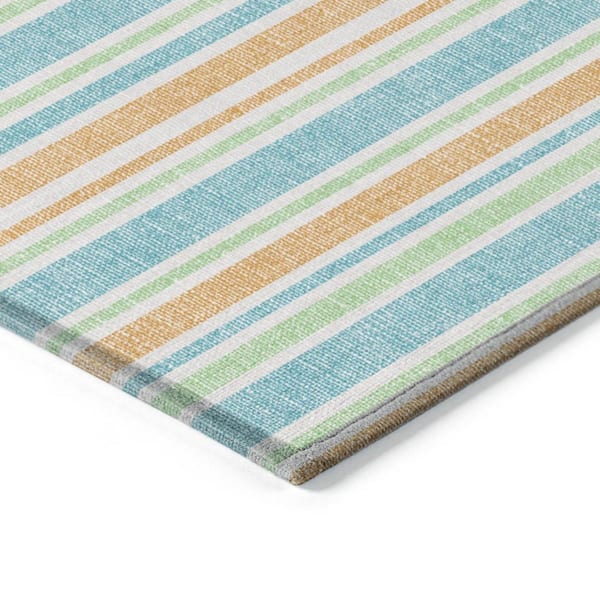 Teal Blue, Yellow, Green 9 ft. x 12 ft. Woven Striped Polyester Rectangle Indoor / Outdoor Area Rug