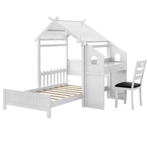 White Twin House Bed with Desk & Chair with 2 Drawers Windmill Fence & Headboard for Teens