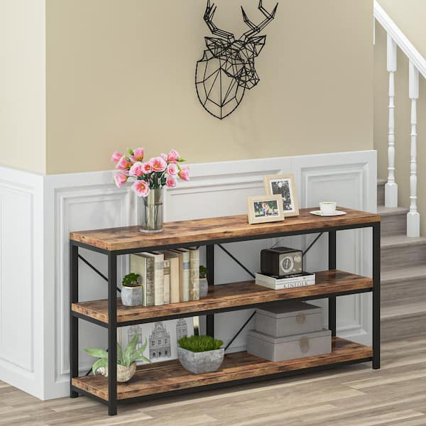 Benjamin 55.12 in. Console Table Wood Vintage Brown Sofa Table Modern Industrial Narrow Long Skinny Hallway Table