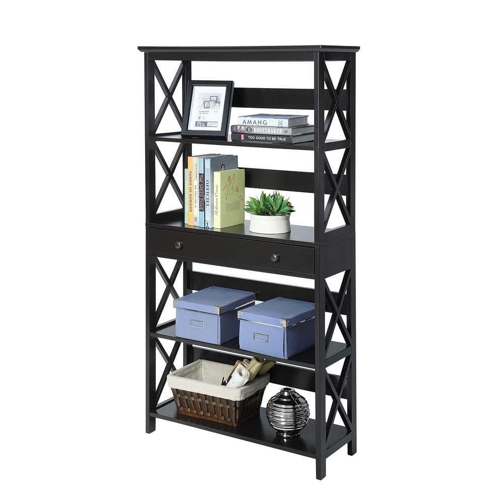 Modern Oxford Black Wood 5-Tier Bookcase with Concealed Drawer
