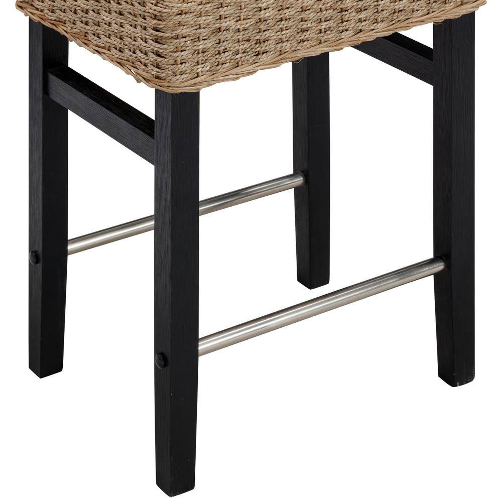 Black and Natural Woven Rattan Saddle Bar Stool with Metal Footrest