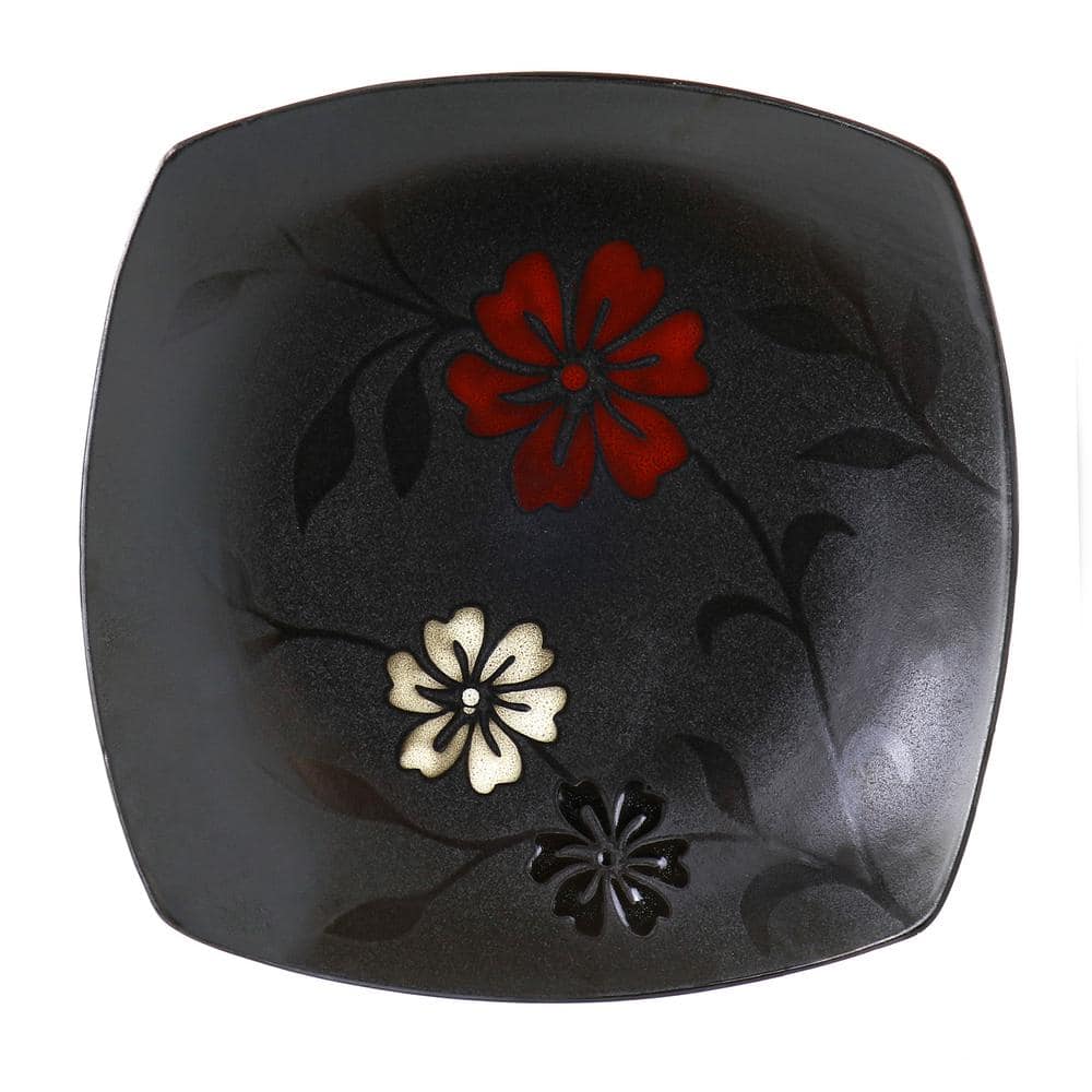 Black Ceramic Square Salad Plates with Floral Design, Set of 4