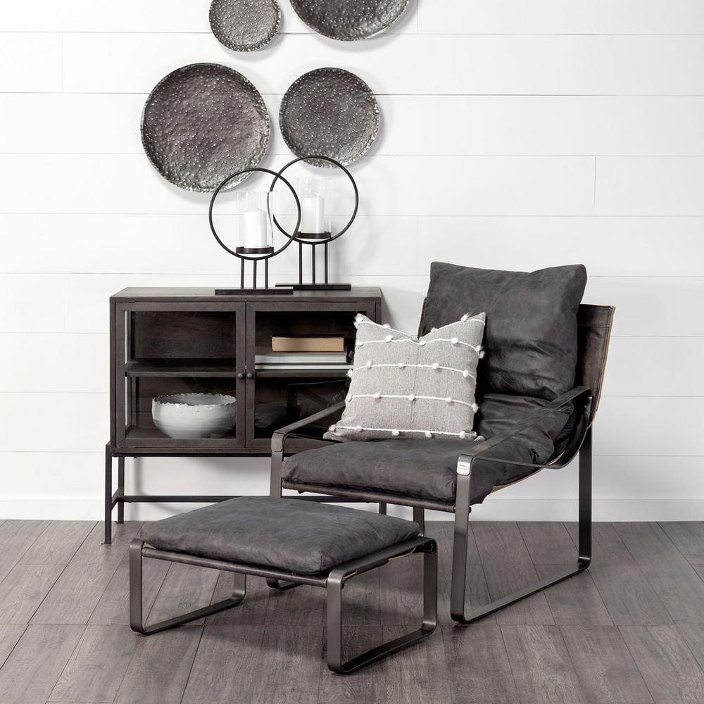 Hornet II 14"H Black Leather and Dark-Brown Iron Base Footstool