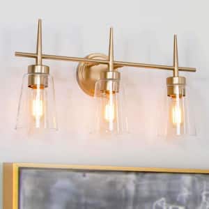 Farmhouse Gold Bathroom Vanity Light, Dule 3-Light Modern Bell Brass Vanity Light Bar with Clear Glass Shades