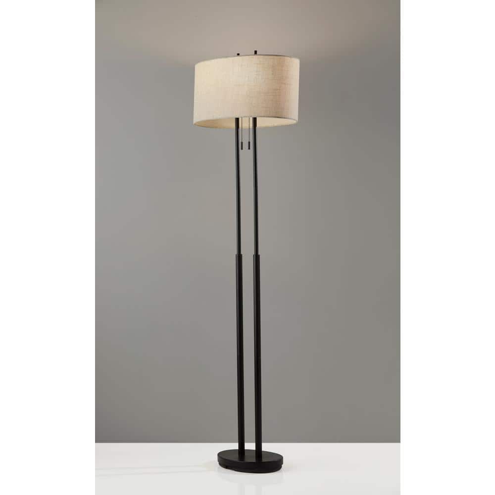 Set of 2 Antique Bronze Floor Lamps with Taupe Textured Shades