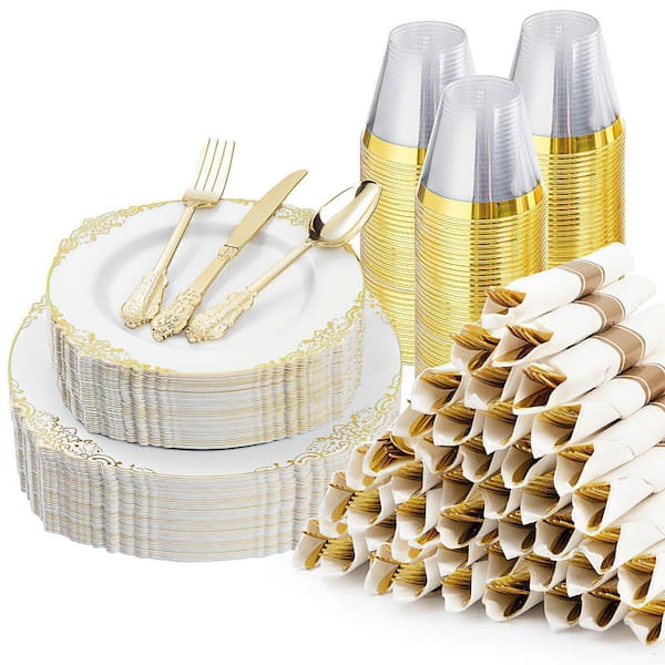 350-Piece Disposable Gold Rim Plastic Dinnerware Set for 50 Guests with Plates, Cups, Silverware and Napkins