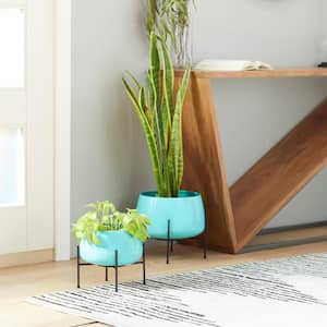 10 in., and 8 in. Small Teal Metal Indoor Outdoor Planter with Removable Stand (2- Pack)