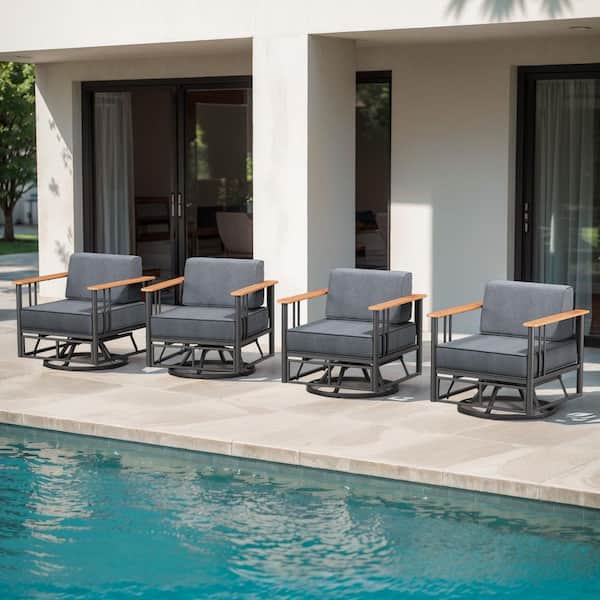 Puffin Swivel Glider Black Metal Frame Outdoor Rocking Chairs with 6 in. Thick Dark Gray Olefin Cushions (4-Pack)