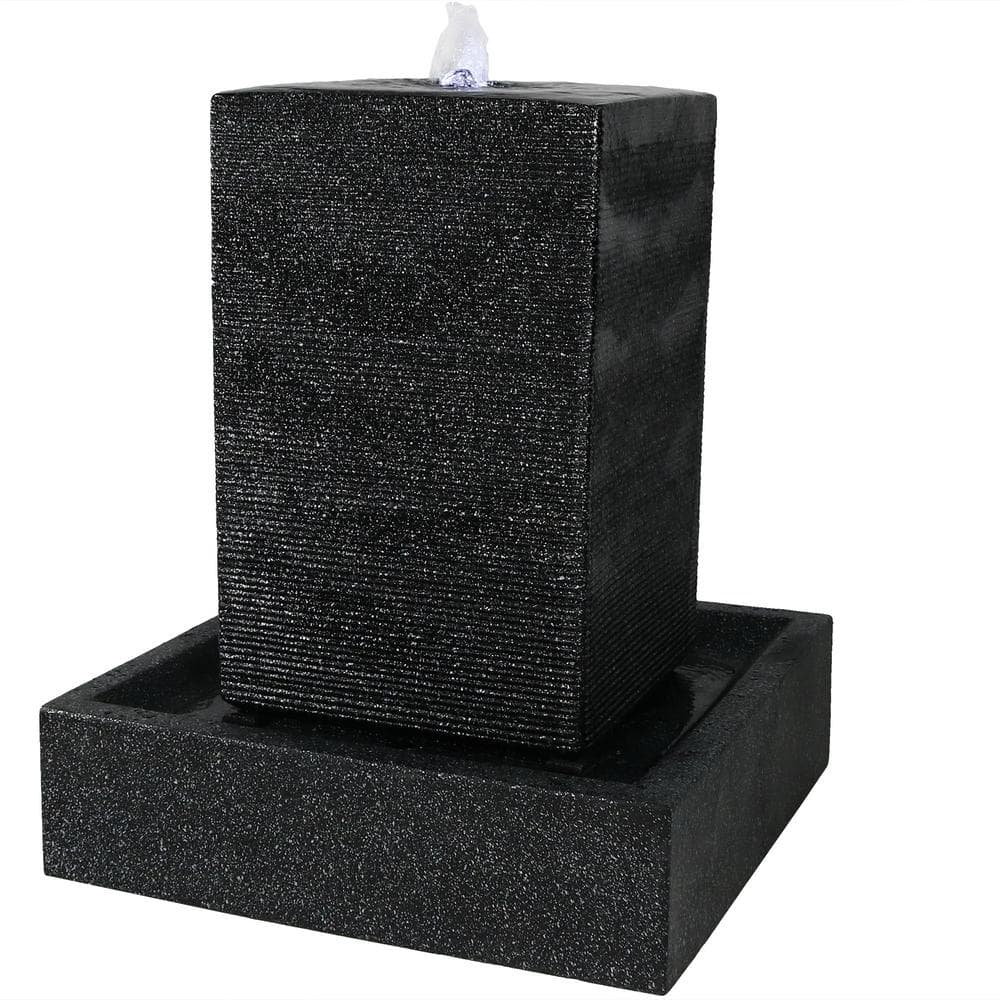 Large Dark Grey Polyresin Pillar Outdoor Water Fountain with LED Lights