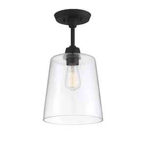 10 in. W x 17 in. H 1-Light Matte Black Semi-Flush Mount Ceiling Light with Clear Glass Shade