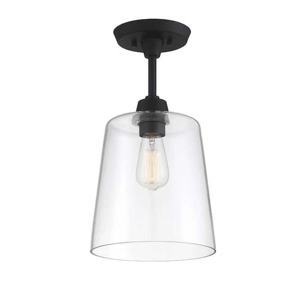 TUXEDO PARK LIGHTING 10 in. W x 17 in. H 1-Light Matte Black Semi-Flush Mount Ceiling Light with Clear Glass Shade