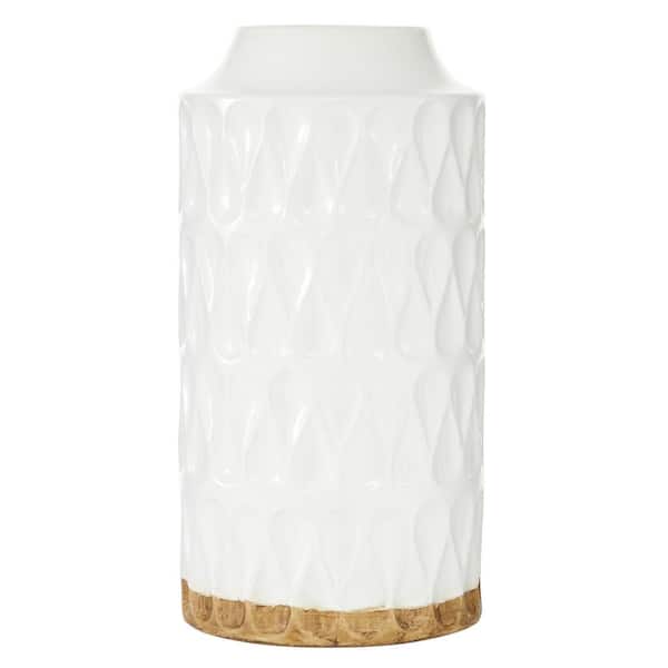 Litton Lane 16 in. White Porcelain Ceramic Geometric Decorative Vase with Brown Base