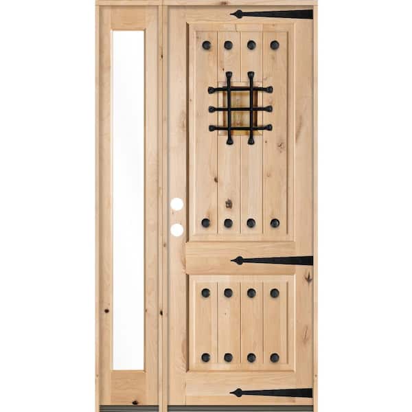 Krosswood Doors 62 in. x 96 in. Mediterranean Alder Sq Clear Low-E Unfinished Wood Right-Hand Prehung Front Door/Left Full Sidelites
