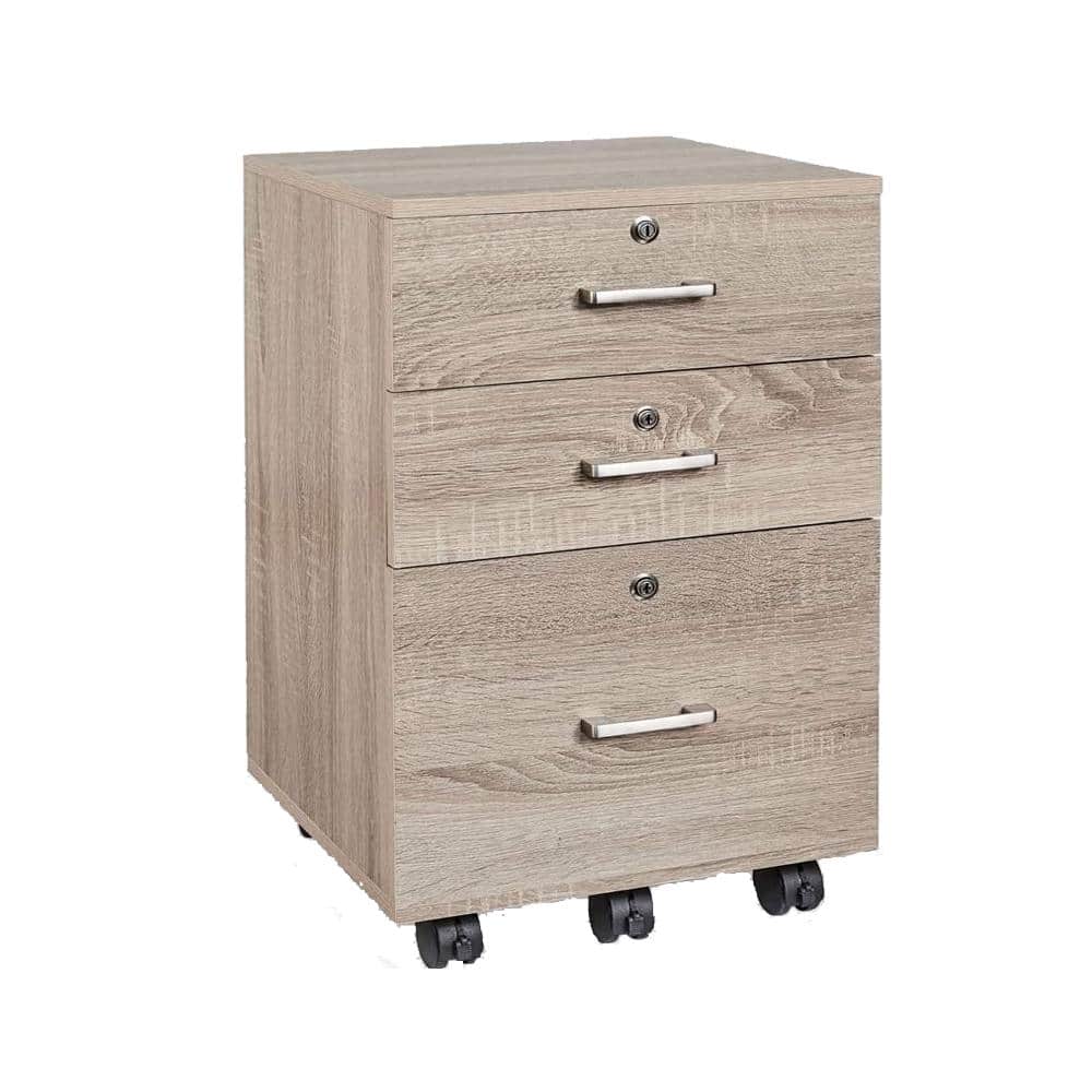Outo Oak Color Mobile File Cabinet With Lock And 3 Drawers 941228126250 The