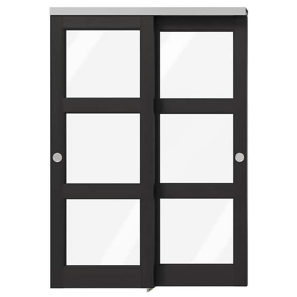 60 in x 80 in. Black, Solid Core, MDF, PVC Covering Double 5 Lite Clear Glass Bypass Sliding Door w/ Aluminium Hardware