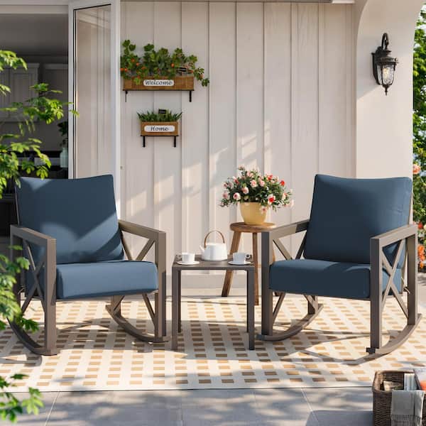 ELPOSUN 3-Piece Metal Patio Conversation Set with Navy Cushions