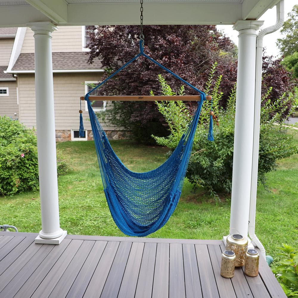Light Blue Cotton Hammock Chair with Tassels and Braided Rope