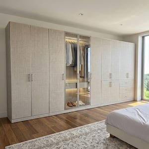 Beige-E Wood 157.5 in. Bedroom Wardrobe Armoire Set with LED Lighting, 5-Top Shelf Cabinets, 4-Drawer, Hanging Rods