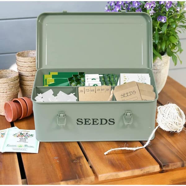 Garden Seed Storage Box for Organizing Seed Packets, Metal Seed Saving Bin with Lid