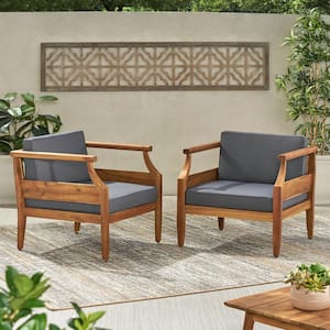 Aston Teak Brown Removable Cushions Wood Outdoor Patio Lounge Chair with Dark Grey Cushion (2-Pack)