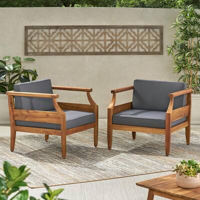 Aston Teak Brown Removable Cushions Wood Outdoor Lounge Chair  with Dark Grey Cushion (2-Pack)