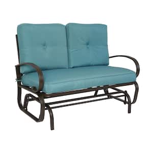 Wrought Iron Metal Rocking Love Seats Glider Swing Bench/Rocker for Patio, Yard with Blue Cushion and Sturdy