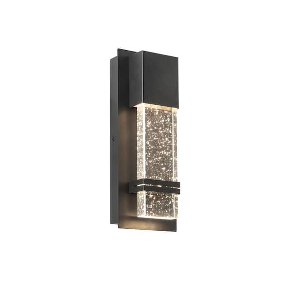 1-Light Textured Black Clear Seedy Crystal not Motion Sensing Outdoor Hardwired Wall Lantern Sconce with LED